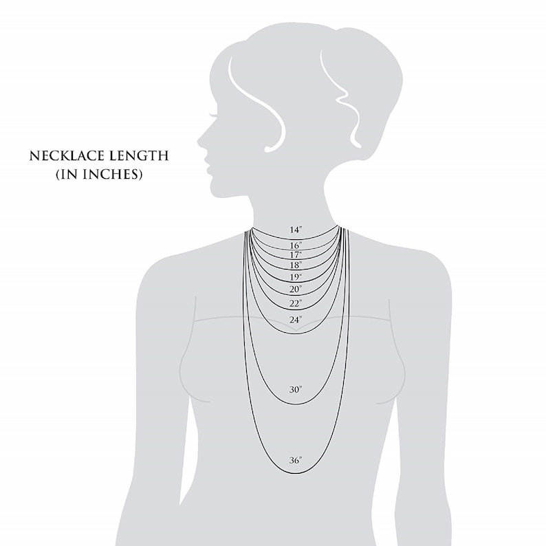 Puede incluir: Diagrama que muestra diferentes longitudes de collar en pulgadas, de 14 pulgadas a 36 pulgadas, en un maniqu&iacute;.