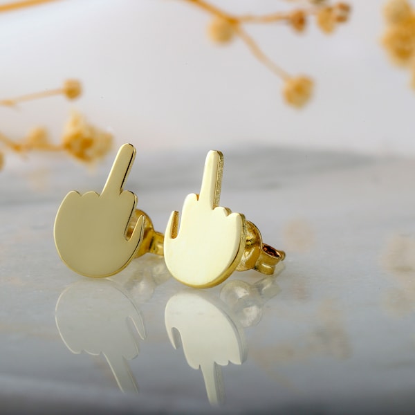 Tiny Middle Finger Earrings, Sterling Silver Middle Finger Jewelry, Fuck You Stud Earrings, Funny Fuck Jewelry, Gold Hand Earrings