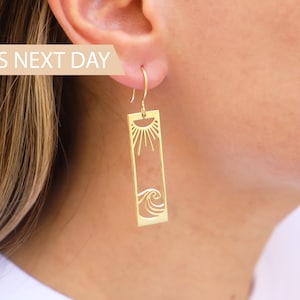 Sun Earrings Gold, Sunrise and Wave Dangle Earrings, Rectangle Boho Hawaii Drop Earrings Ocean Wave Earrings Earrings for Women image 4