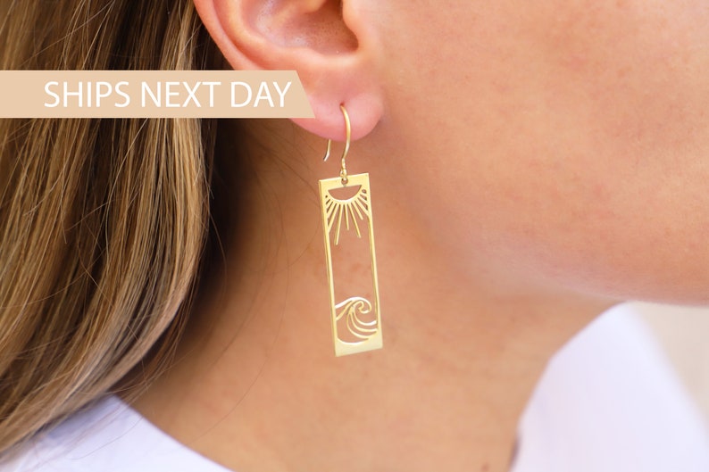 Sun Earrings Gold, Sunrise and Wave Dangle Earrings, Rectangle Boho Hawaii Drop Earrings Ocean Wave Earrings Earrings for Women image 4