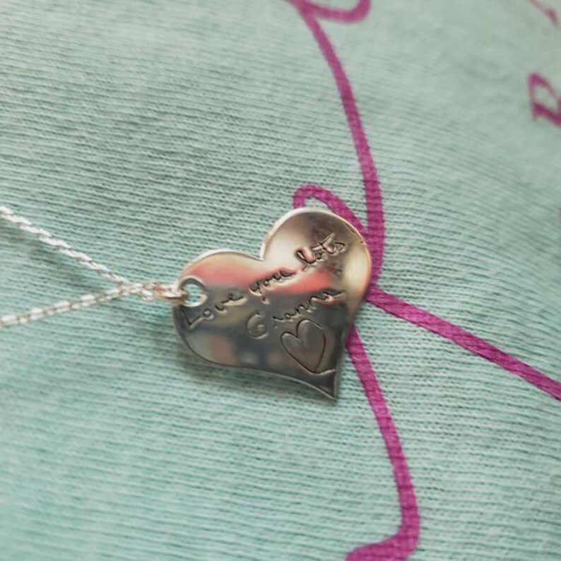 Engraved Heart Necklace Silver, Custom Heart Necklace, Handwriting Necklace Heart, Heart Necklace Personalized