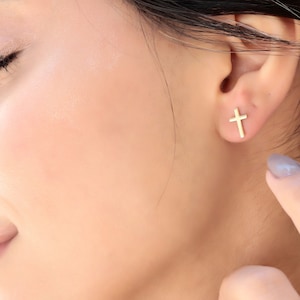 14K Gold Stud Cross Earrings, Minimalist Delicate Cross Jewelry by NecklaceDreamWorld, Perfect Birthday Gifts image 1