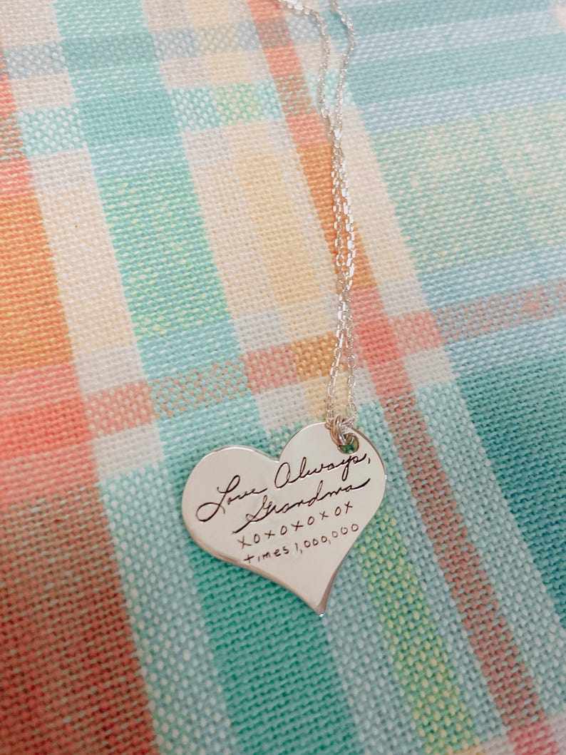 Engraved Heart Necklace Silver, Custom Heart Necklace, Handwriting Necklace Heart, Heart Necklace Personalized