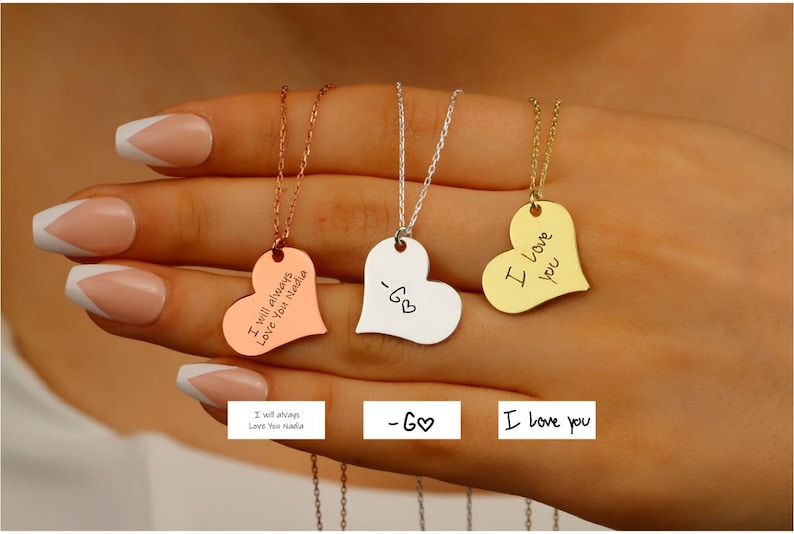 Engraved Heart Necklace Silver, Custom Heart Necklace, Handwriting Necklace Heart, Heart Necklace Personalized