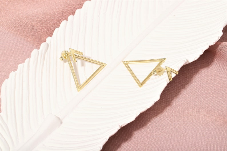 14K Gold Ear Jacket Earrings, Triangle Earring, Dainty Double Geometric Earrings, Special Design Earrings by NeckaceDreamWorld in Silver image 4