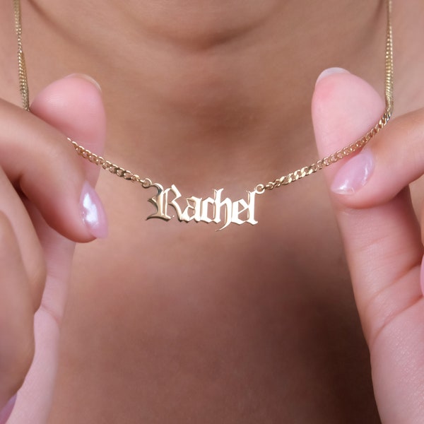 Gothic Name Necklace with Curb Chain • 14K Gold Filled Old English Name Necklace • Unique Necklace Jewelry Gifts