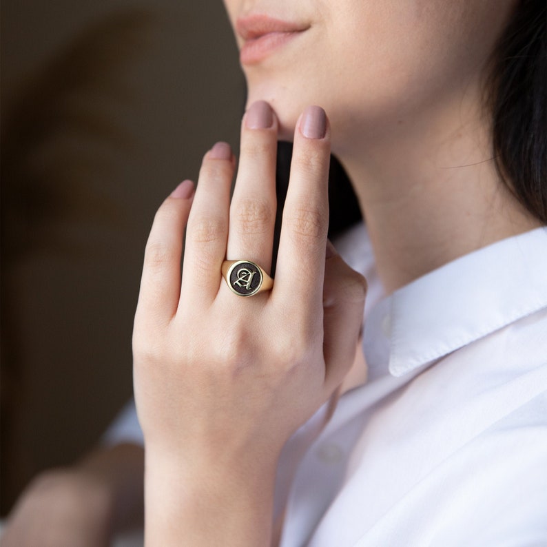 Signet Ring Initial Engraved Signet Ring Sterling Silver, Gold and Rose Gold Personalized Initial Ring Gold Signet Ring image 1