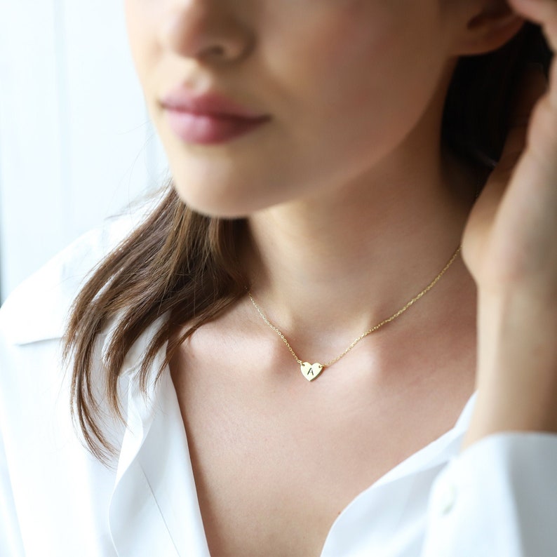 Handmade Initial Heart Choker Necklace, Personalized Initial Jewelry | Minimal Couple Tiny Heart Letter Necklace Gold | Layered Heart Pendant | Bridesmaids Gifts