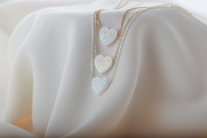 14k Heart Shape White Opal Necklace, Minimalist Jewelry for Her, Dainty Real Gemstone Necklace, Unique Gifts by NecklaceDreamWorld image 4