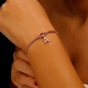 Custom 14K Gold Infinite Love Knot Bracelet with CZ Diamond Letter by NecklaceDreamWorld Dainty Friendship Bracelets Rose