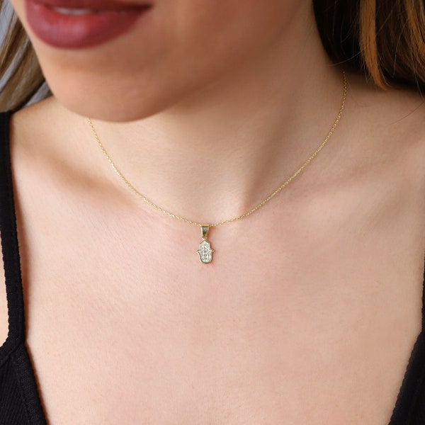 Hamsa Charm Necklace in 14K Gold, Hand of Fatima with Pave CZ Diamonds Dainty Jewelry, Layered Protection Gifts, Choker Birthday Gifts