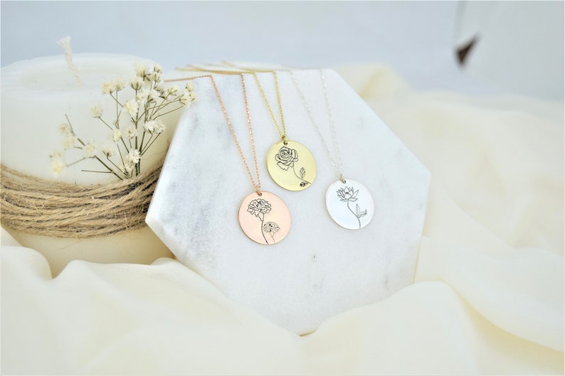 Disk Birth Flower Necklace, Custom Disk Month Flower Pendant Necklace Dainty Birthday Gifts for Her, Perfect Everyday Necklace Silver image 6