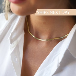 Dainty Herringbone Necklace Gold, Snake Layered Choker 925 Sterling Silver, Gold and Rose Gold Chain Jewelry, Birthday Gifts for Her