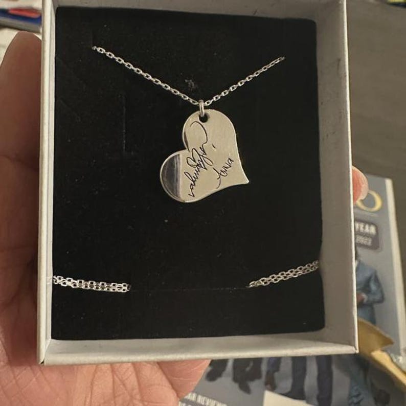 Engraved Heart Necklace Silver, Custom Heart Necklace, Handwriting Necklace Heart, Heart Necklace Personalized