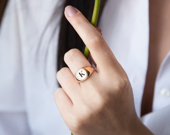 Personalized Women Signet Ring, Initial Engraved Ring in Sterling Silver, Gold and Rose Gold • Perfect Delicate Handmade Jewelry Gifts