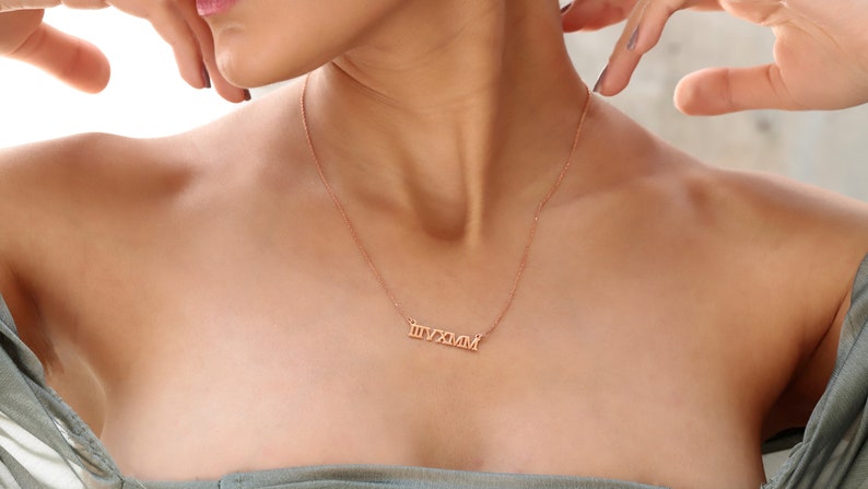 14K Gold Delicate Roman Numerals Choker Necklace By NecklaceDreamWorld, Perfect Dainty Special Date Symbolic Jewelry Gifts, Birthday Gifts image 3