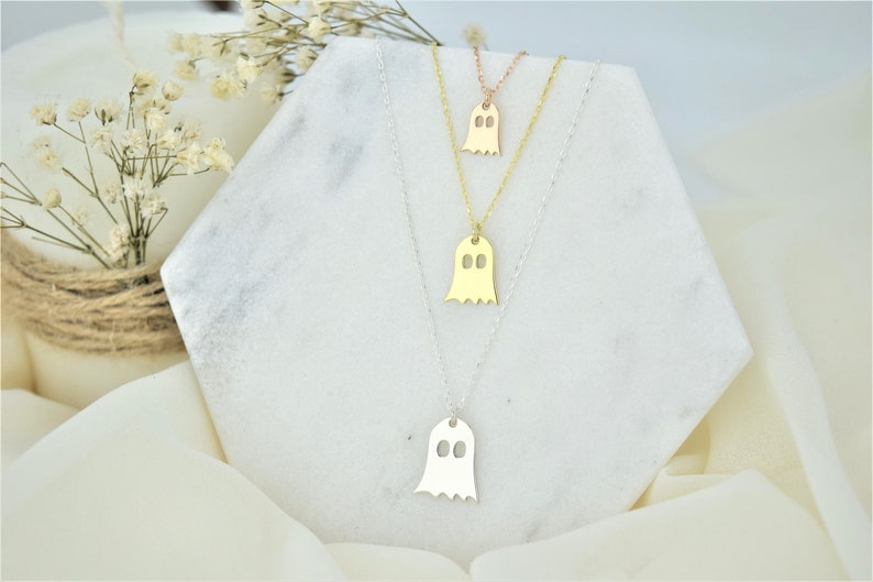 Sterling Silver Tiny Ghost Necklace Halloween Ghost Necklace Kids Necklace Cute Spooky Boo Emoji Halloween Gift Gift for Her image 3