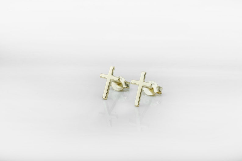 14K Gold Stud Cross Earrings, Minimalist Delicate Cross Jewelry by NecklaceDreamWorld, Perfect Birthday Gifts image 8