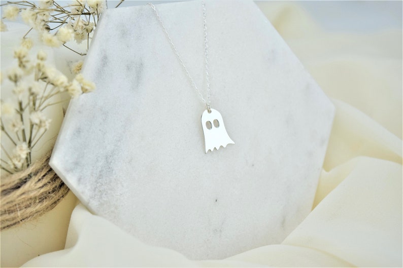 Sterling Silver Tiny Ghost Necklace Halloween Ghost Necklace Kids Necklace Cute Spooky Boo Emoji Halloween Gift Gift for Her image 4