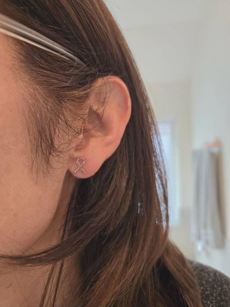 Tiny Ribbon Stud Earrings for Breast Cancer Awareness in Sterling Silver, 14K Gold, and Rose Gold • Gift for Cancer Survivor Powerful Women