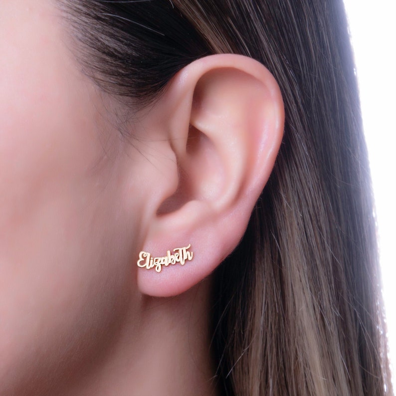 Handmade 14K Solid Real Gold Studs Name Earrings, Personalized Dainty Jewelry by NecklaceDreamWorld image 3