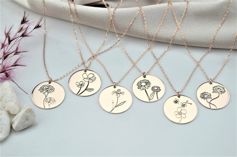 Disk Birth Flower Necklace, Custom Disk Month Flower Pendant Necklace Dainty Birthday Gifts for Her, Perfect Everyday Necklace Silver image 7