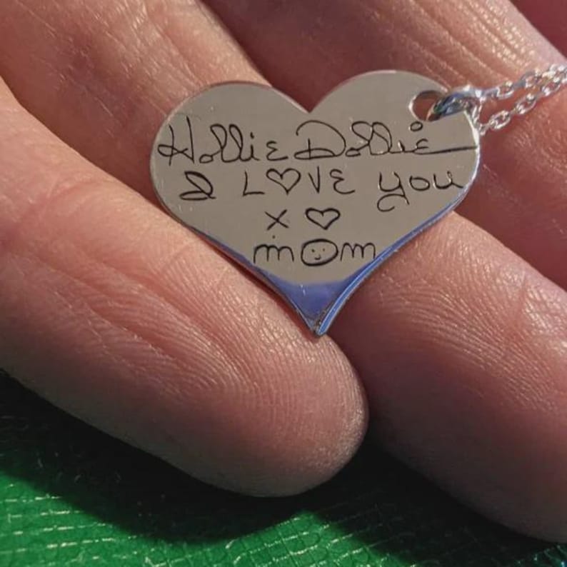 Engraved Heart Necklace Silver, Custom Heart Necklace, Handwriting Necklace Heart, Heart Necklace Personalized