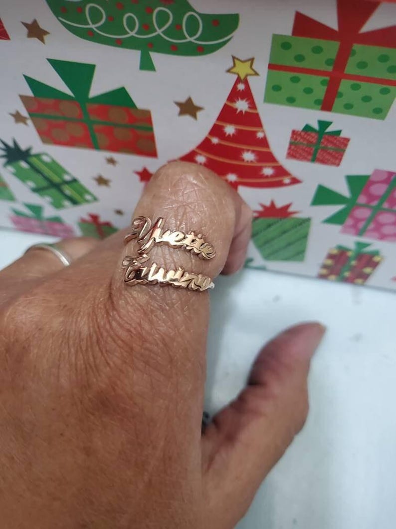 Custom Double Name Ring Gold • Two Personalized Cursive Name Rings • Women Name Jewelry