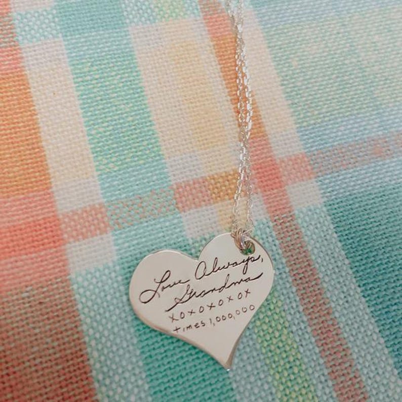 Engraved Heart Necklace Silver, Custom Heart Necklace, Handwriting Necklace Heart, Heart Necklace Personalized