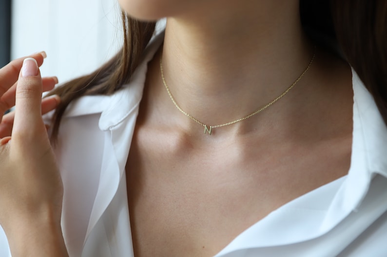 14K Solid Gold Choker Initial Necklace Personalized Custom Letter Necklace for Women Real Gold Dainty Birthday Gifts for Her image 1