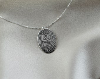 Actual Fingerprint Necklace, Memorial Jewelry Necklace in Sterling Silver • Oval Fingerprint Jewelry • Fingerprint and Handwriting Necklace