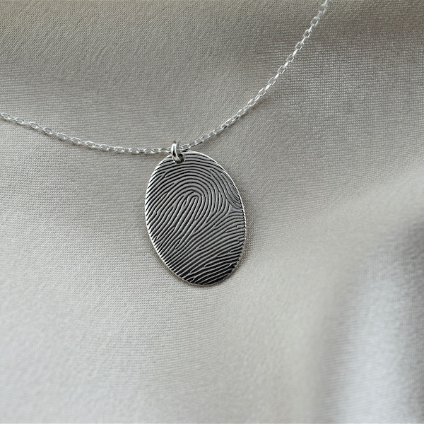 Actual Fingerprint Necklace, Memorial Jewelry Necklace in Sterling Silver • Oval Fingerprint Jewelry • Fingerprint and Handwriting Necklace