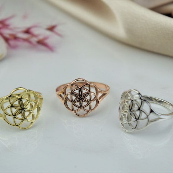 Handmade Flower of Life Ring Gold • Mandala Ring Rose Gold • Seed of Life Ring Silver • Gift for Her • Sacred Geometry Meditation Jewelry