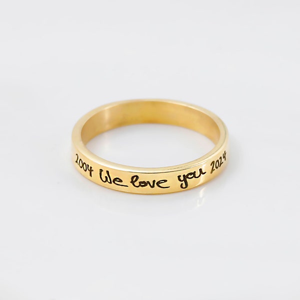 14K Gold Memorial Handwriting Ring • Actual Handwriting Wedding Bands • Custom Stacking Name Rings • Engraved Personalized Handwriting Gifts