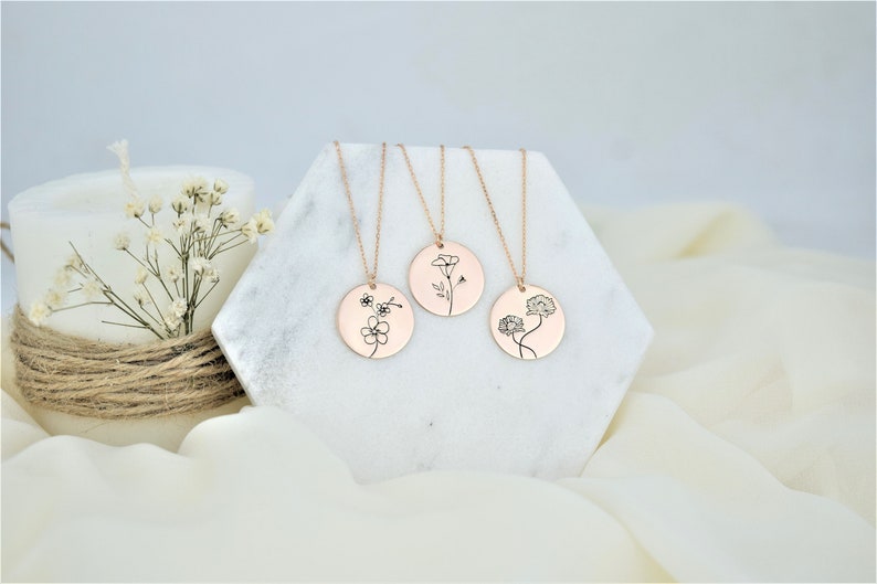 Disk Birth Flower Necklace, Custom Disk Month Flower Pendant Necklace Dainty Birthday Gifts for Her, Perfect Everyday Necklace Silver image 5