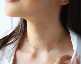 Collier chaîne en perles d'or 14 carats pour femme, collier satellite • Collier chaîne délicat de tous les jours • Collier chaîne en argent sterling et rose