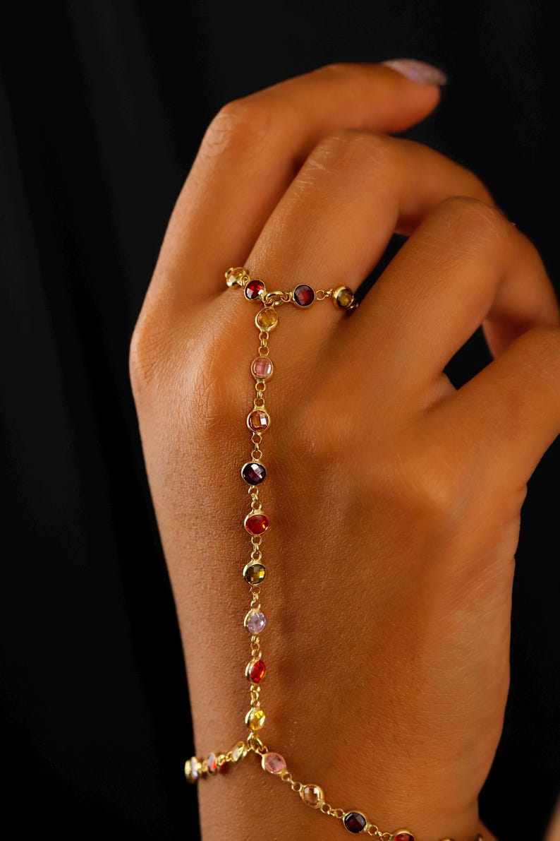 Rainbow Hand Chain Bracelet: Sterling Silver Multi-color Jewelry - Etsy