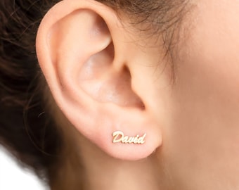 14K Real Yellow Gold Custom Name Earrings | Personalized 14K Rose Gold Stud Earrings | Name Earrings 14K Real White Gold | Earrings Studs