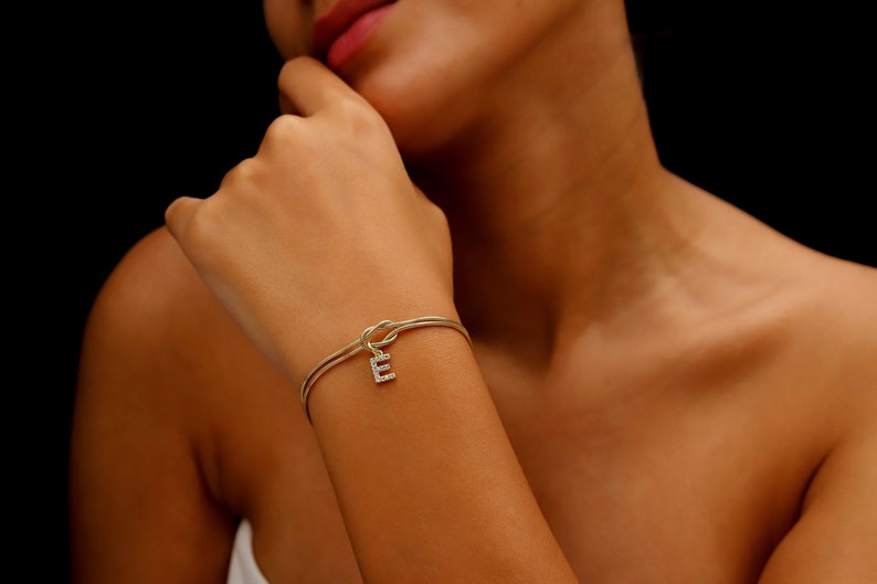 Custom 14K Gold Infinite Love Knot Bracelet with CZ Diamond Letter by NecklaceDreamWorld Dainty Friendship Bracelets image 1