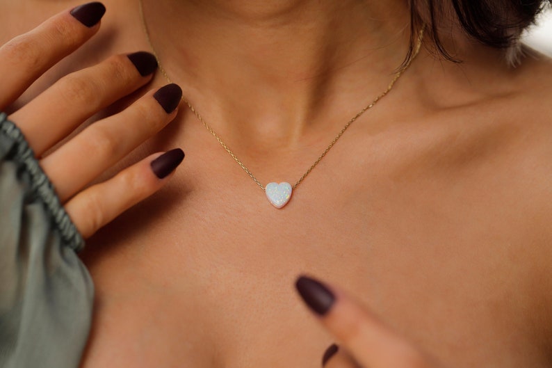 14k Heart Shape White Opal Necklace, Minimalist Jewelry for Her, Dainty Real Gemstone Necklace, Unique Gifts by NecklaceDreamWorld image 6