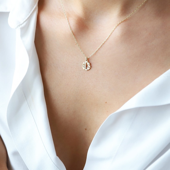 14K Solid Gold Personalized Monogram Necklace Handmade Tiny Cute