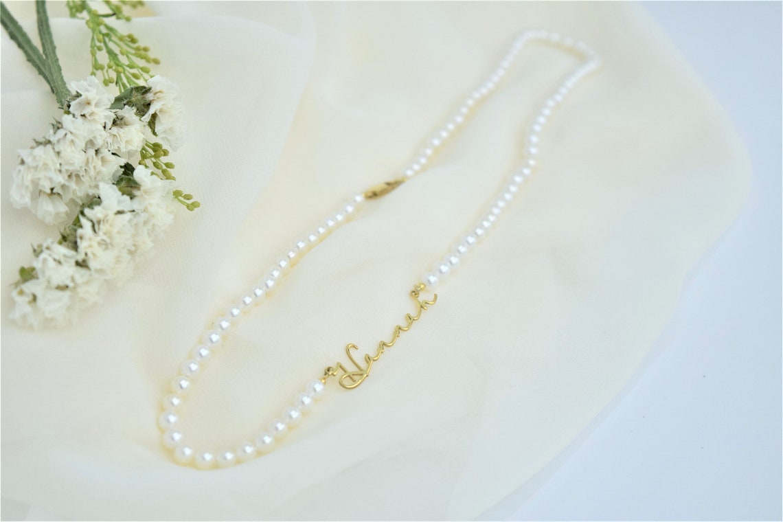 Custom Wedding Gold Pearl Name Necklace Jewelry Handmade by | Etsy