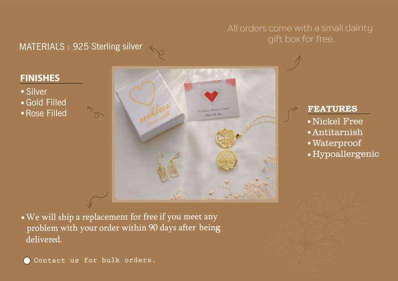 May include: A gold-toned jewelry set featuring a circular tree-of-life pendant on a delicate chain and two rectangular drop earrings. The items are displayed alongside a white gift box with a heart graphic and a small card with a red heart icon.