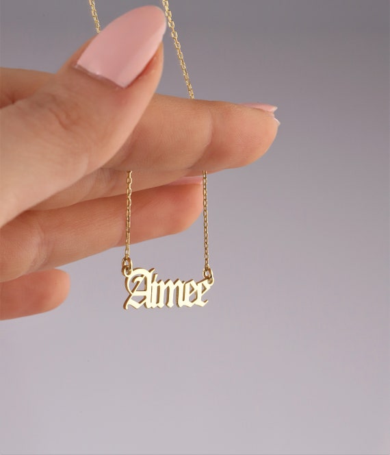14k Solid Gold Name Necklace • Gothic Old English Font