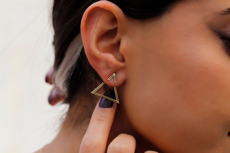 14K Gold Ear Jacket Earrings, Triangle Earring, Dainty Double Geometric Earrings, Special Design Earrings by NeckaceDreamWorld in Silver image 1