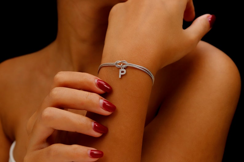 Custom 14K Gold Infinite Love Knot Bracelet with CZ Diamond Letter by NecklaceDreamWorld Dainty Friendship Bracelets Silver