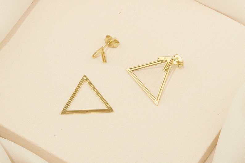14K Gold Ear Jacket Earrings, Triangle Earring, Dainty Double Geometric Earrings, Special Design Earrings by NeckaceDreamWorld in Silver image 2