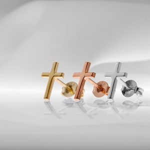 14K Gold Stud Cross Earrings, Minimalist Delicate Cross Jewelry by NecklaceDreamWorld, Perfect Birthday Gifts image 3