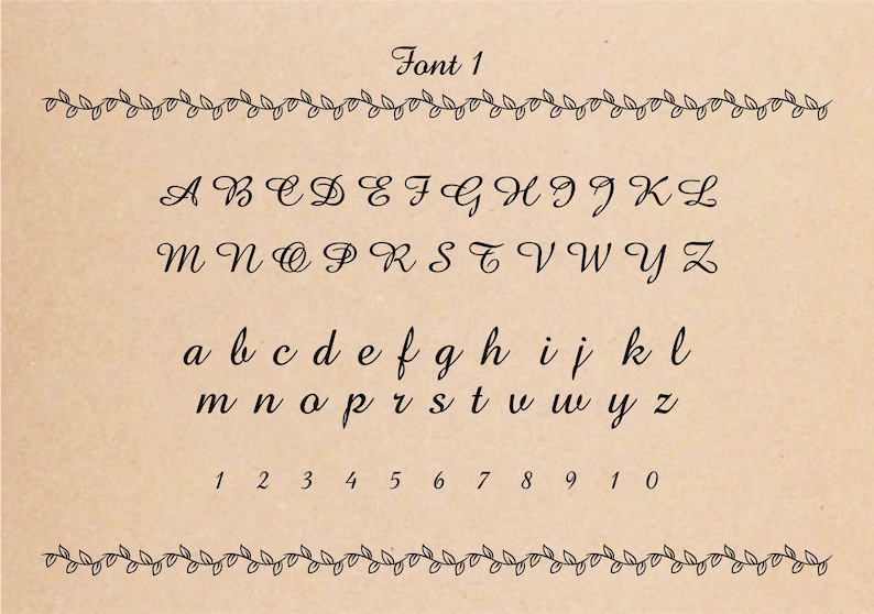 Font 1 in black cursive script on a brown background with a vine border. The alphabet is shown in uppercase and lowercase letters, followed by the numbers 1 through 10.