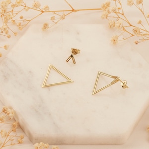 14K Gold Ear Jacket Earrings, Triangle Earring, Dainty Double Geometric Earrings, Special Design Earrings by NeckaceDreamWorld in Silver image 3